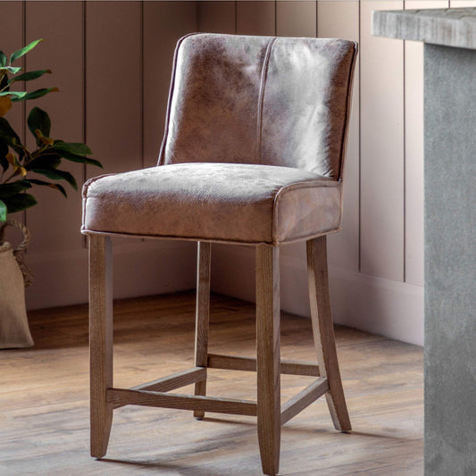 Two Brown Leather Padded Fabric Counter Stools - The Farthing