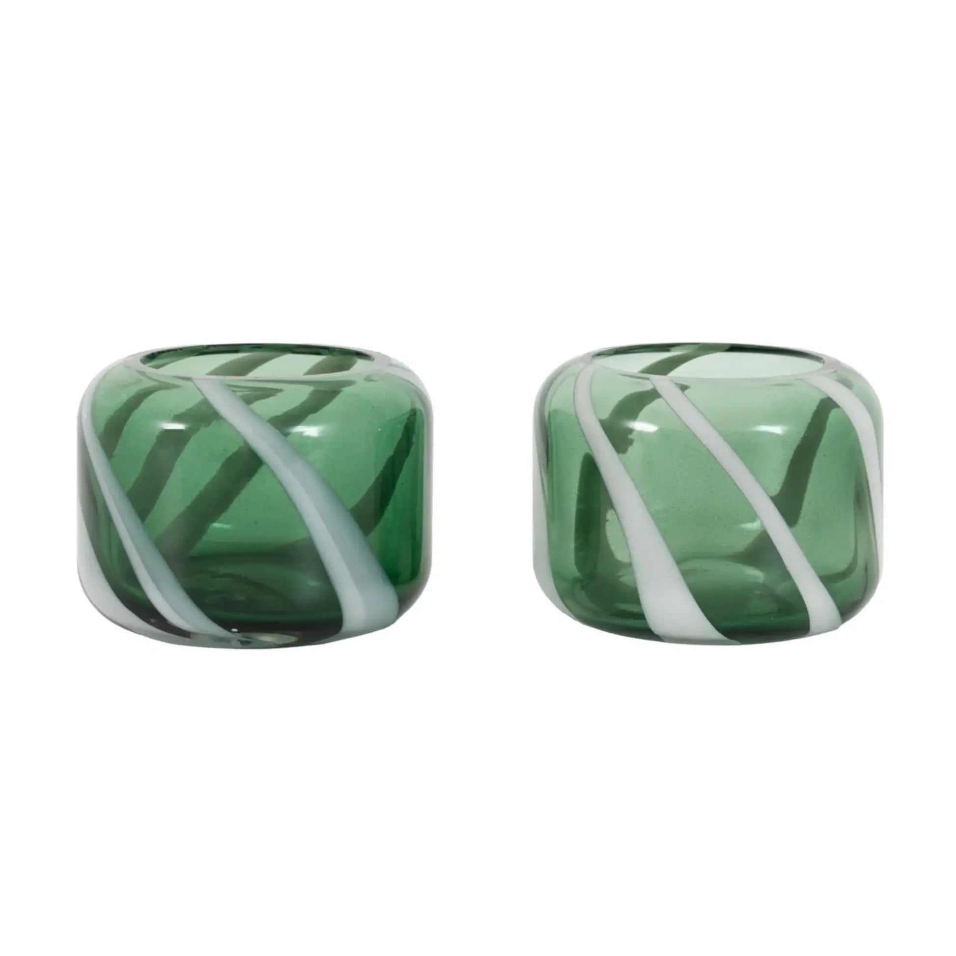 Pair of green square earrings with white stripes on a white background
