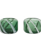 Pair of green square earrings with white stripes on a white background