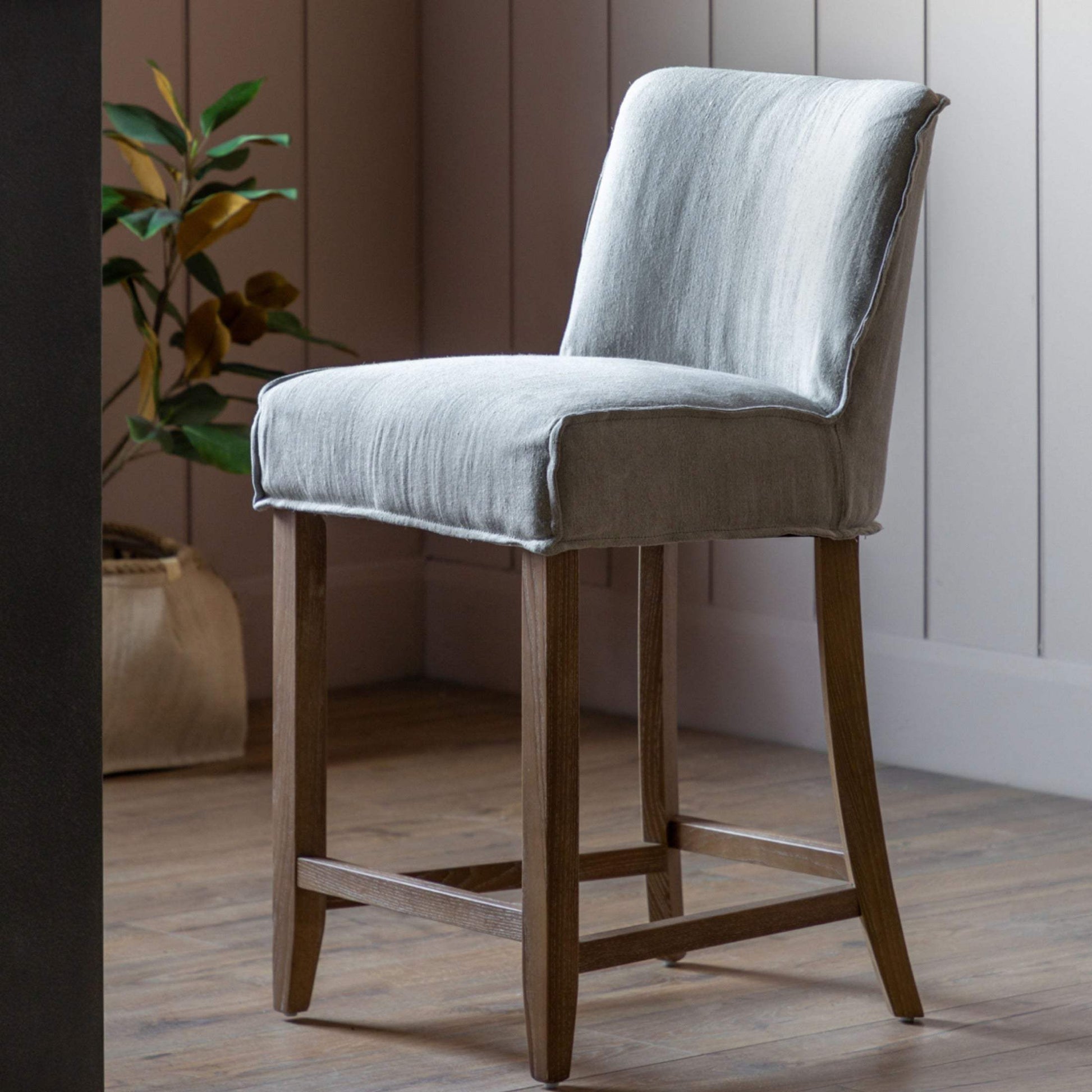 Two Grey Padded Fabric Counter Stools - The Farthing