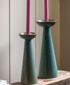 Two Teal Reactive Glaze Ceramic Candle Stick Set