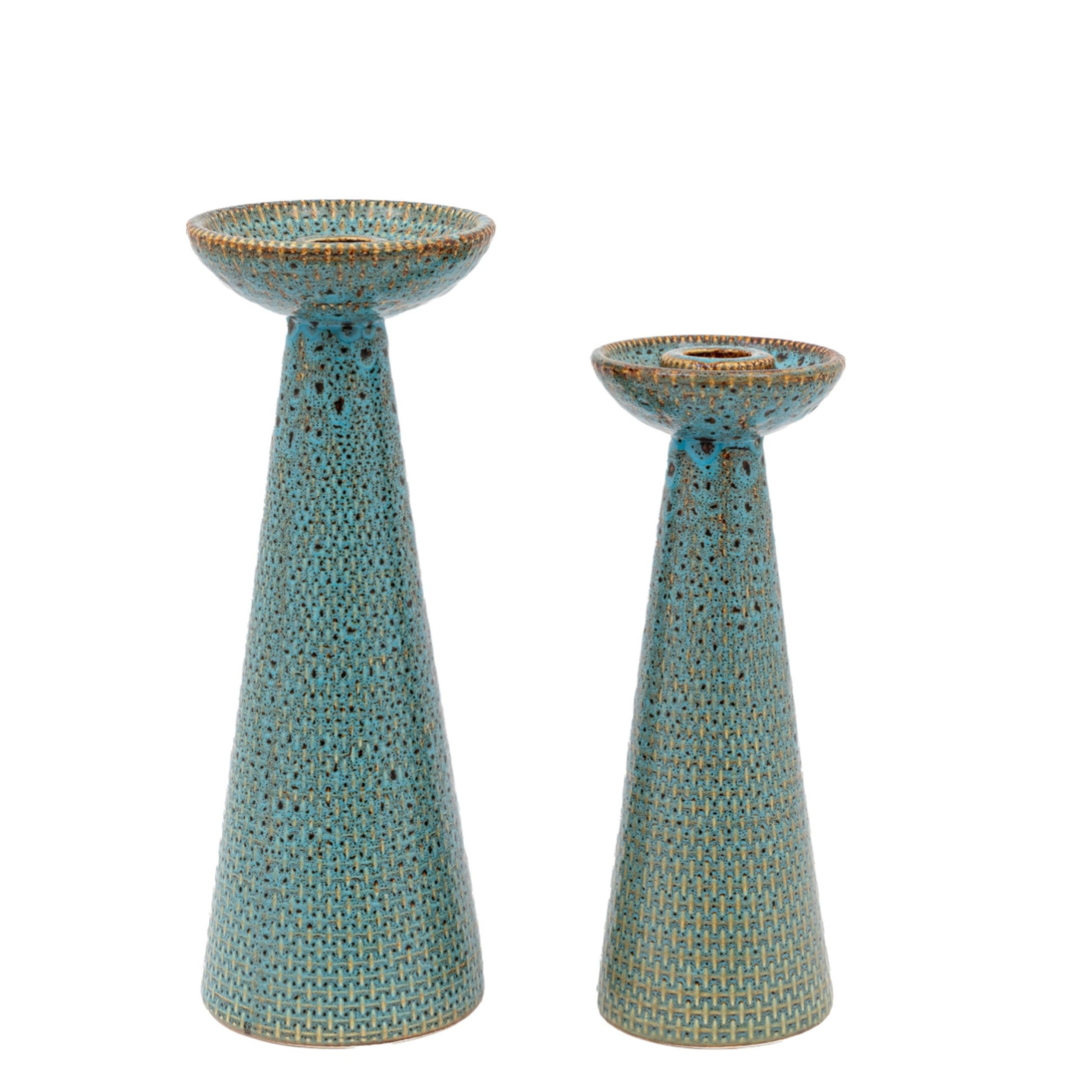 Two Teal Reactive Glaze Ceramic Candle Stick Set 1
