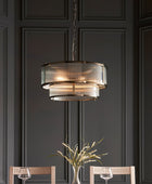 Two Tier Round Ribbed Glass & Antique Brass Pendant Light 3