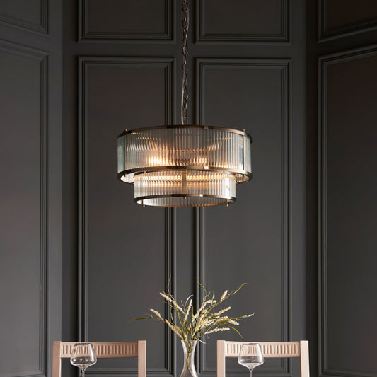 Two Tier Round Ribbed Glass & Antique Brass Pendant Light 3