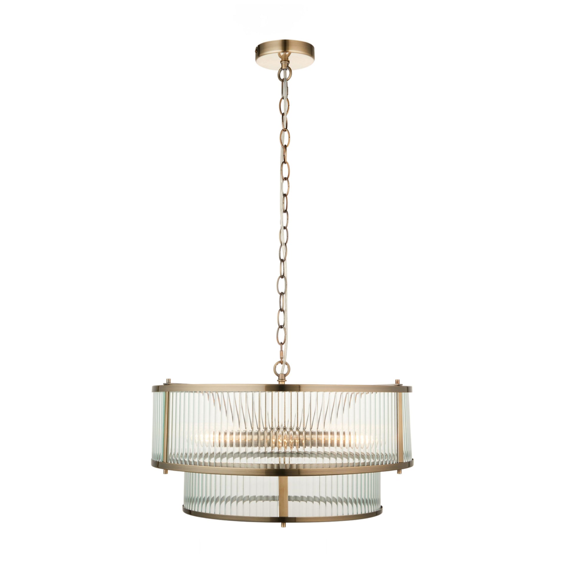 Two Tier Round Ribbed Glass & Antique Brass Pendant Light 4