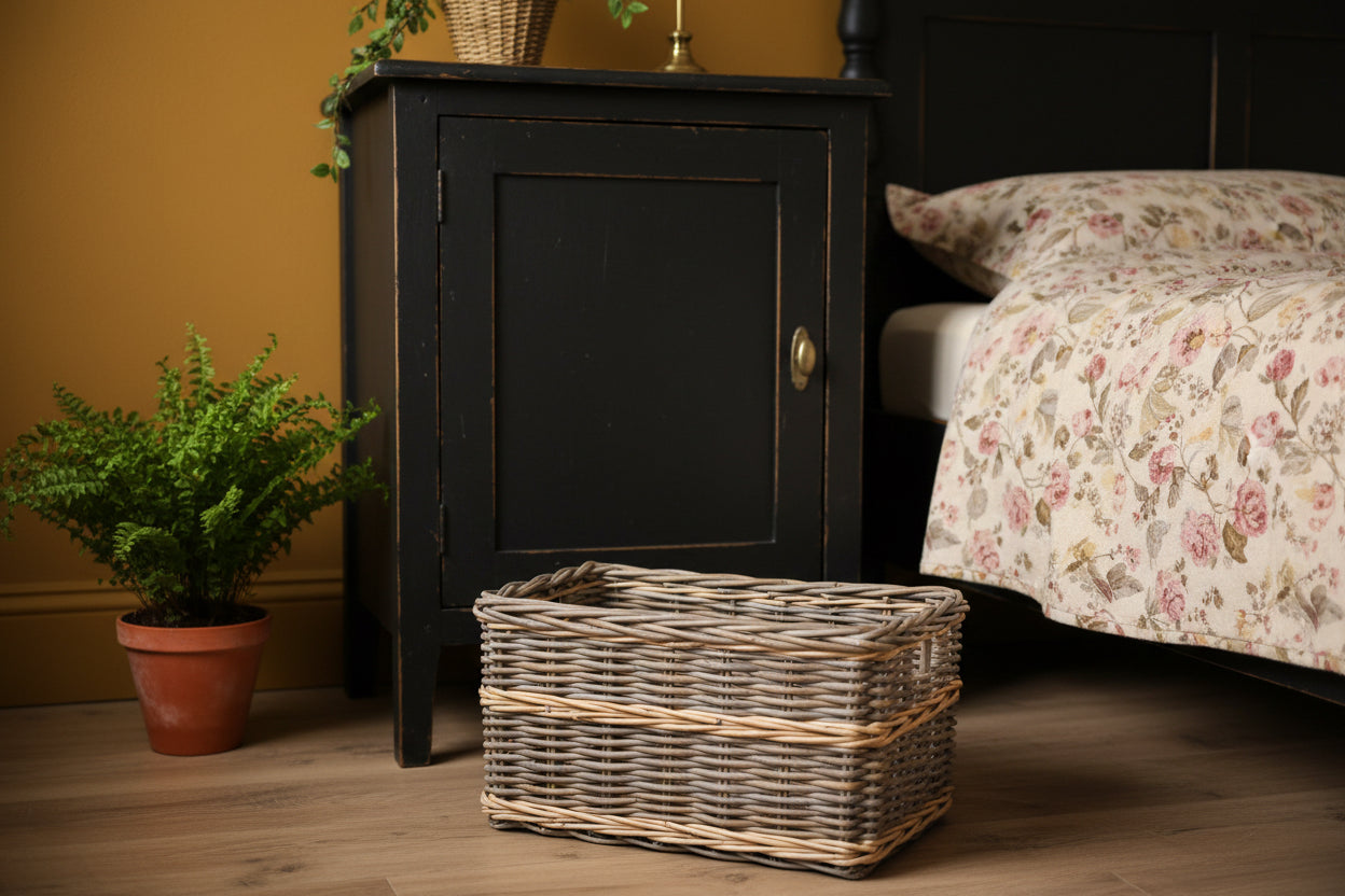 Wicker basket with a natural finish on a white background