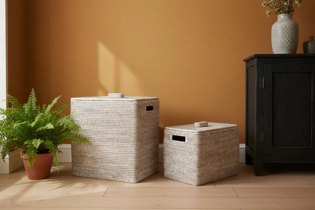 Two woven laundry baskets with lids on a white background