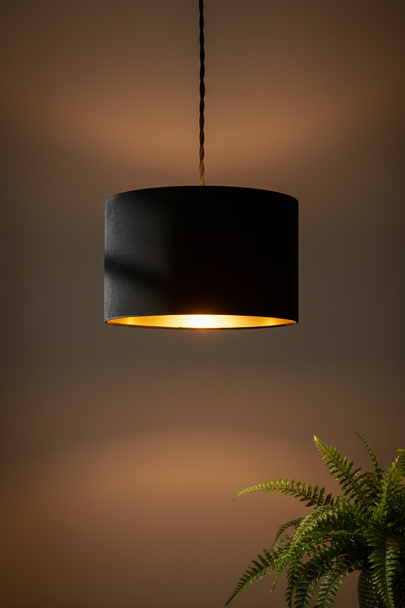 A black drum pendant light with a warm gold interior glow, hanging from a black cord against a dark brown background with a green fern in the lower right corner.