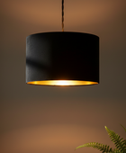 A black fabric drum pendant light with a warm gold interior, suspended by a twisted cord against a warm brown gradient background with a green fern in the lower right corner.
