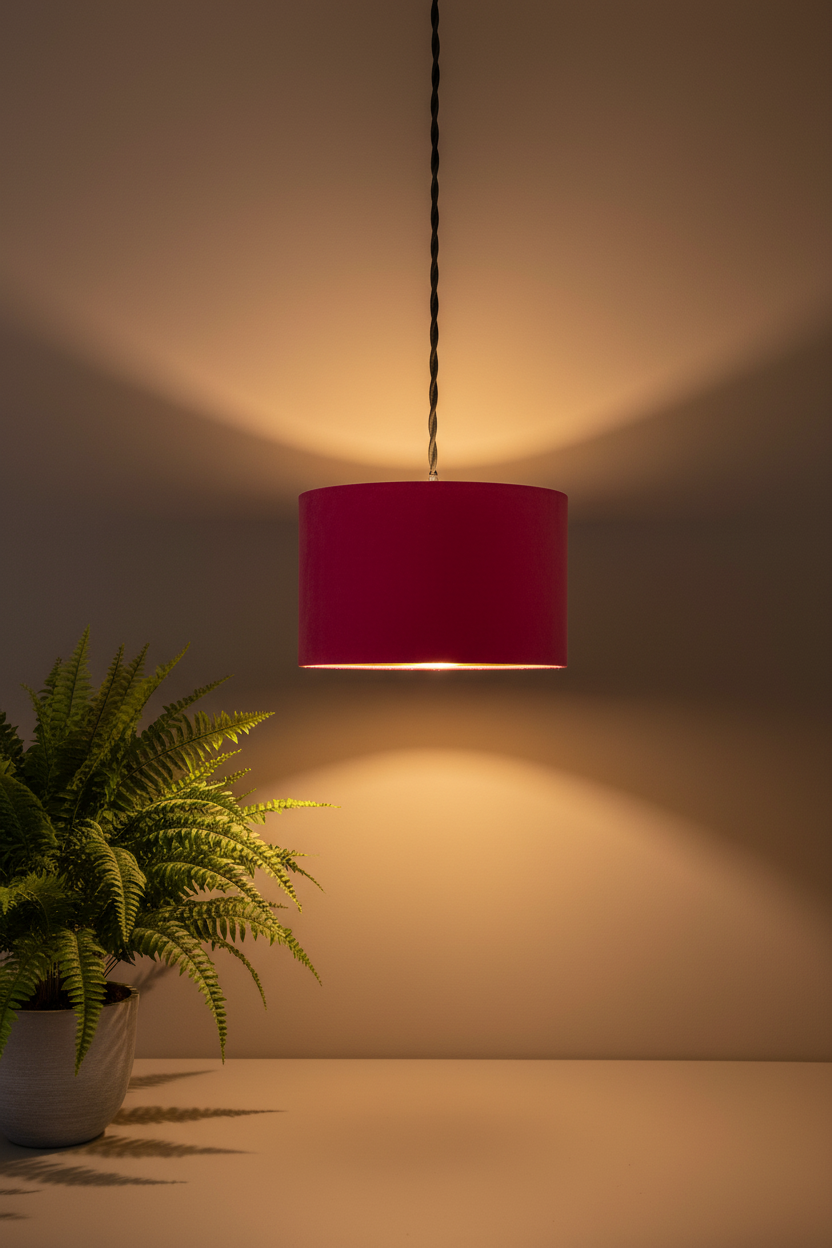 Red pendant lamp hanging against a plain wall with a plant on the left side.