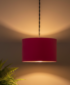 Red pendant light hanging against a neutral background with a plant on the left.
