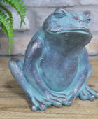 Bronze frog sculpture on a wooden surface with a blurred background