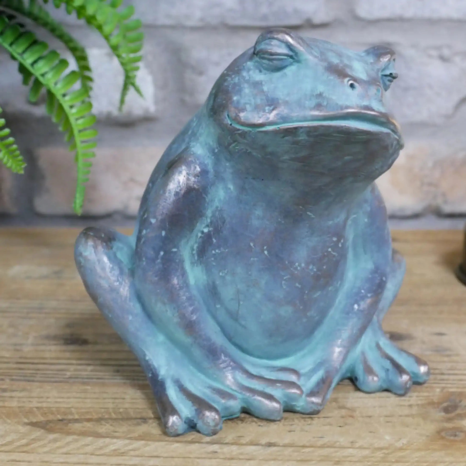 Bronze frog sculpture on a wooden surface with a blurred background