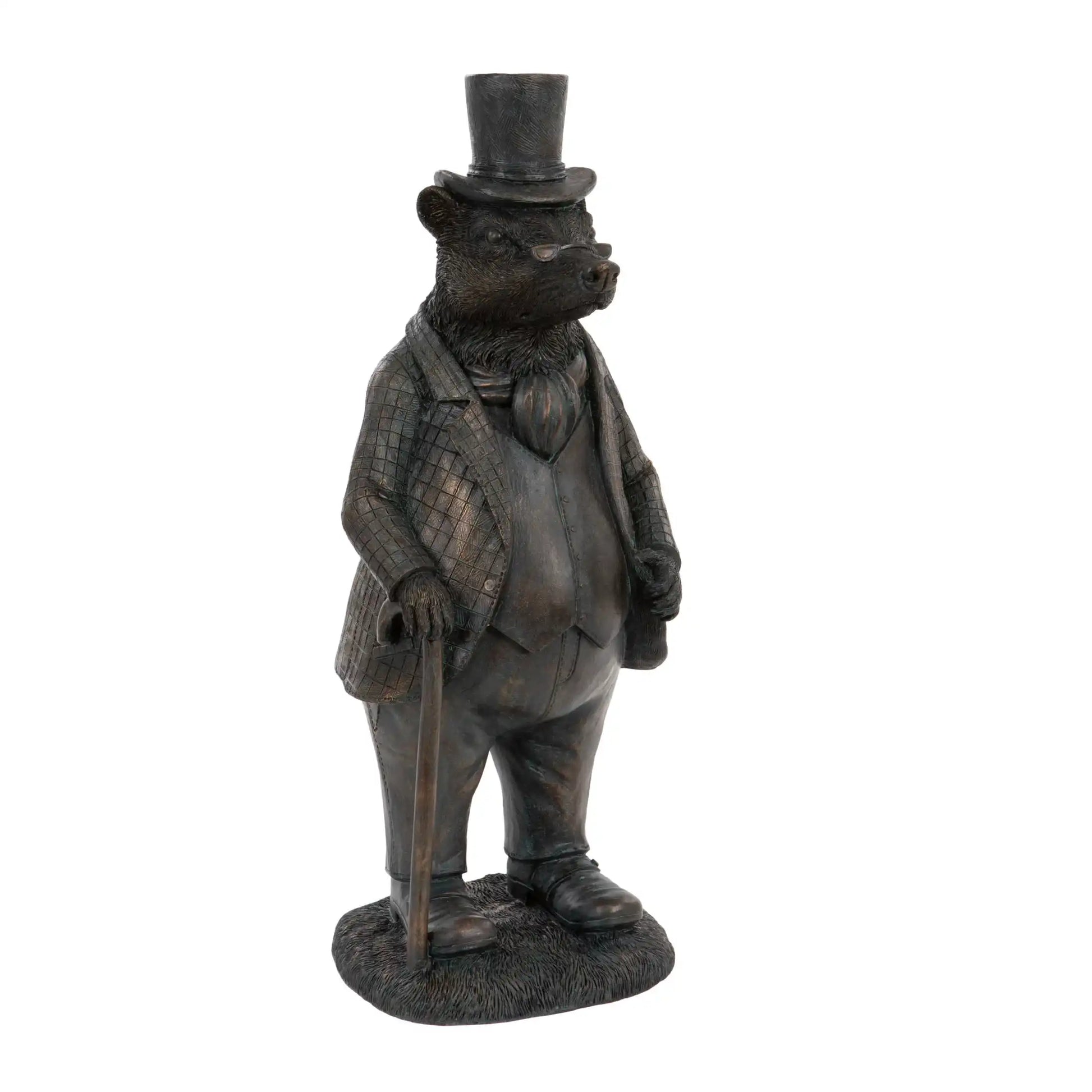 Statue of a bear in formal attire with a top hat on a white background