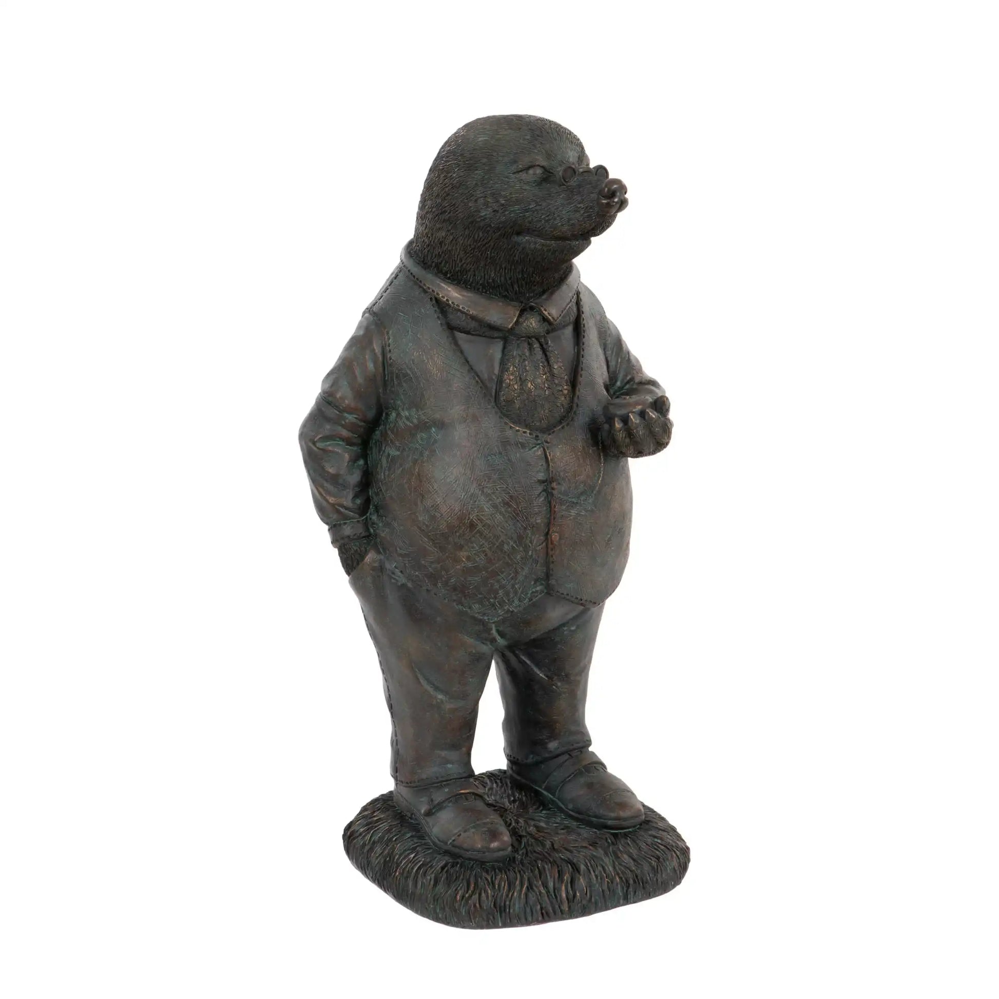 Bronze statue of a mole in formal attire on a white background