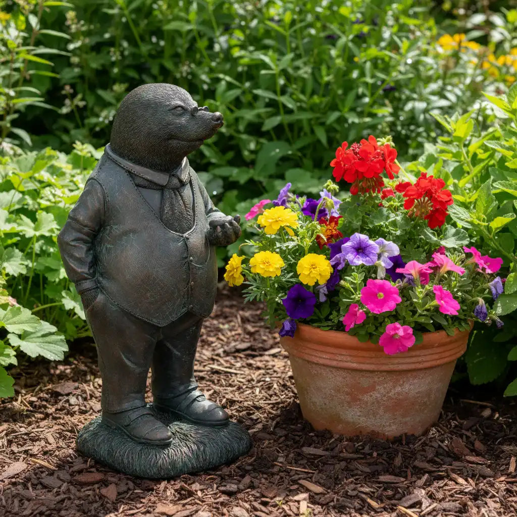 Statue of a mole in a suit next to a pot of colourful flowers in a garden setting
