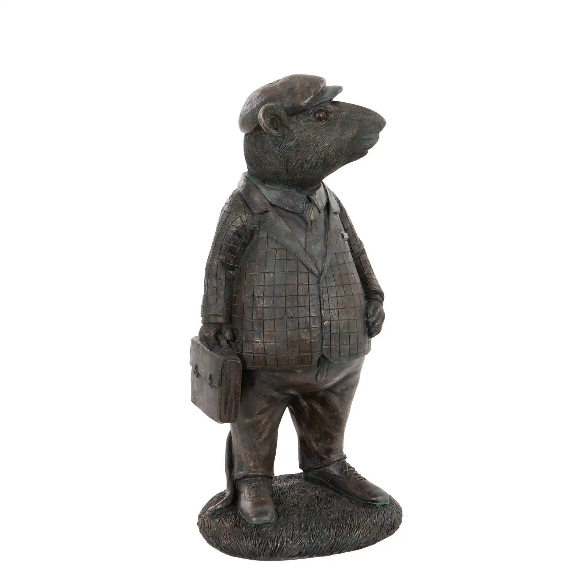 Statue of a bear in a suit and hat holding a briefcase on a white background