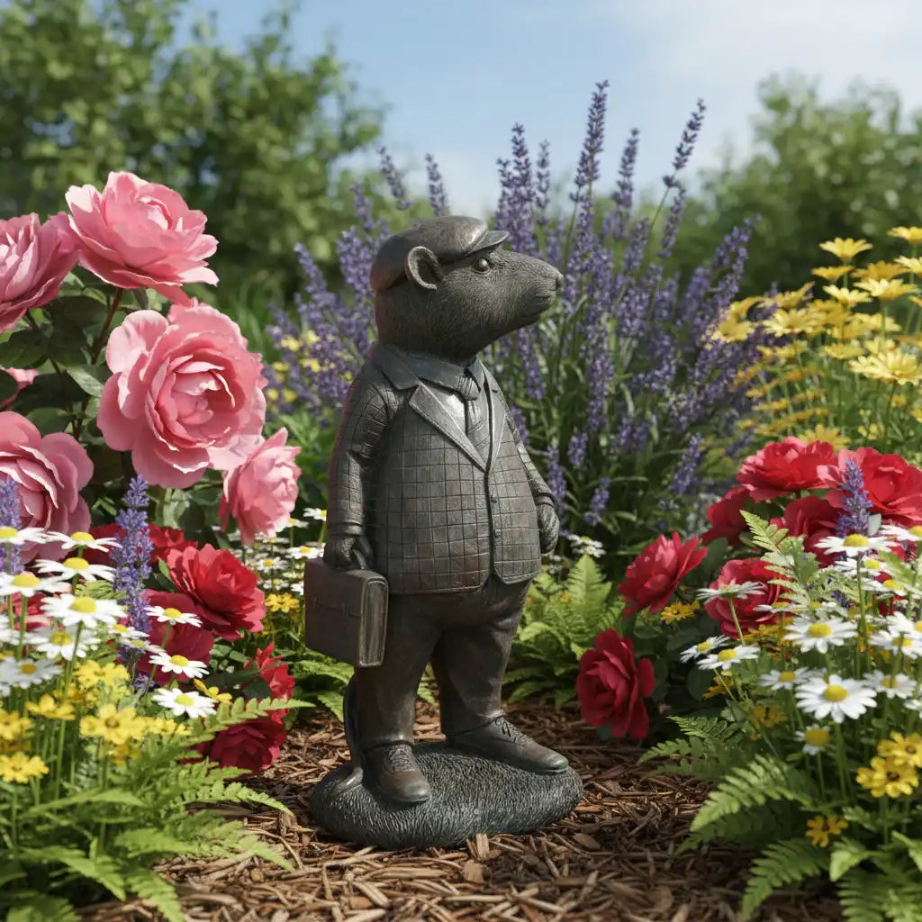 Statue of a mouse in a suit standing among flowers