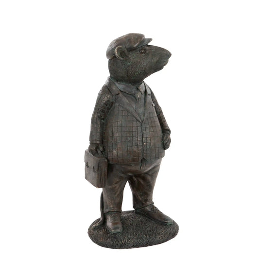 Statue of a bear in a suit and hat holding a briefcase on a white background