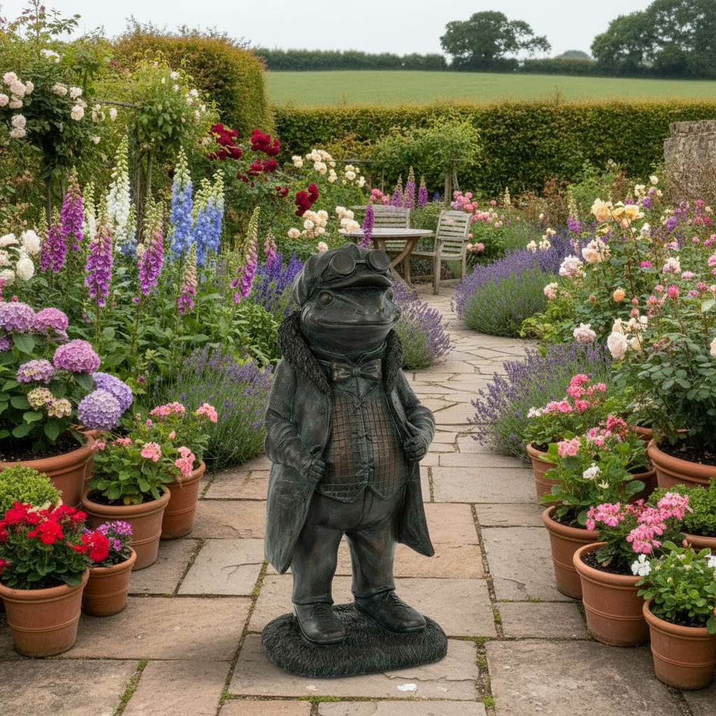 Statue of a frog in a suit in a garden with flowers and a table in the background