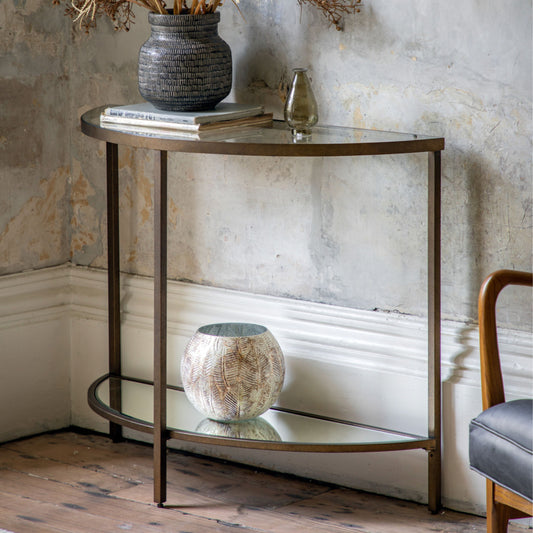 Vintage Bronze Metal and Glass Semi Circle Console Table