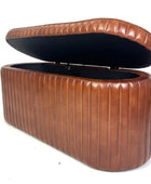 Brown leather ottoman with a hinged lid on a white background