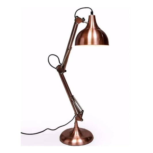 Copper floor lamp with adjustable arm on a white background