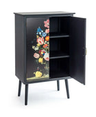Black cabinet with floral design on a white background