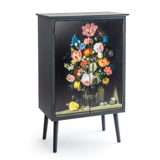 Black cabinet with floral design on a white background
