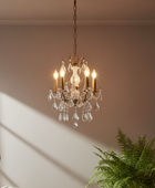 A classic six-light crystal chandelier with an antique brass finish hangs from a chain in a living room setting, casting warm light on a beige wall next to a green fern plant.