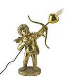 Gold statue of a cherub with bow and heart-shaped arrow on a white background