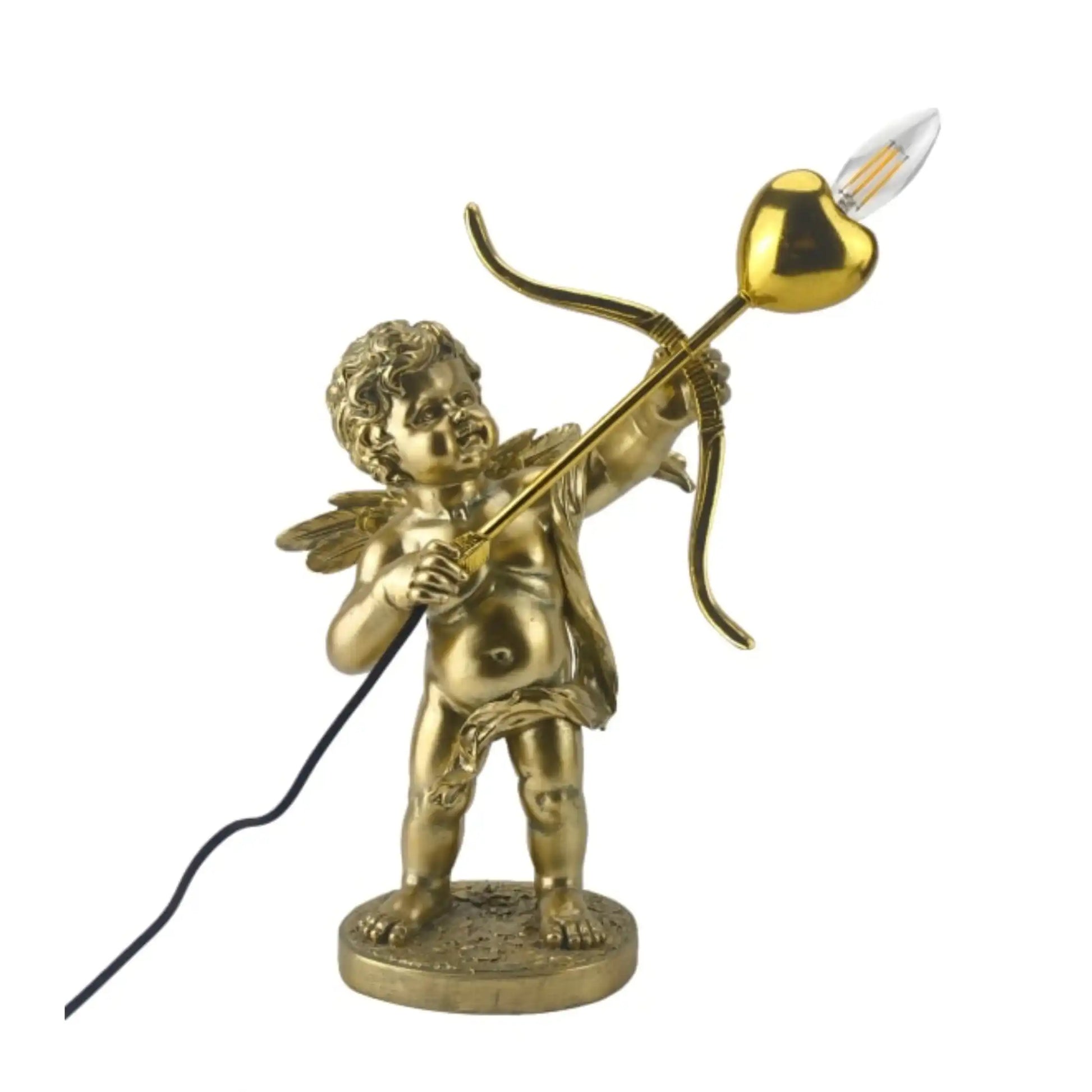 Gold statue of a cherub with bow and heart-shaped arrow on a white background