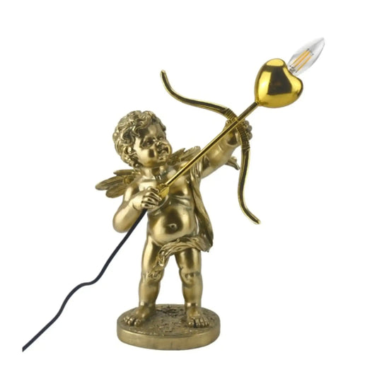 Gold statue of a cherub with bow and heart-shaped arrow on a white background