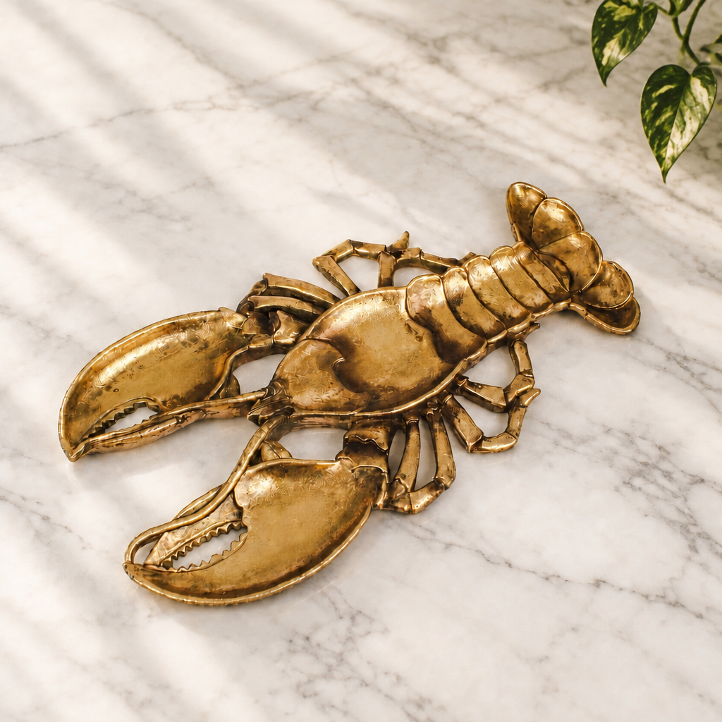 A lobster-shaped decorative object in a metallic antique gold finish, resting on a white and gray marble surface with soft diagonal shadows.