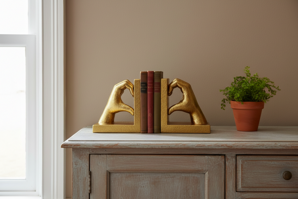 A pair of gold bookends shaped like hands forming a heart with their fingers, holding a set of three books on a light wood console table next to a potted green plant.