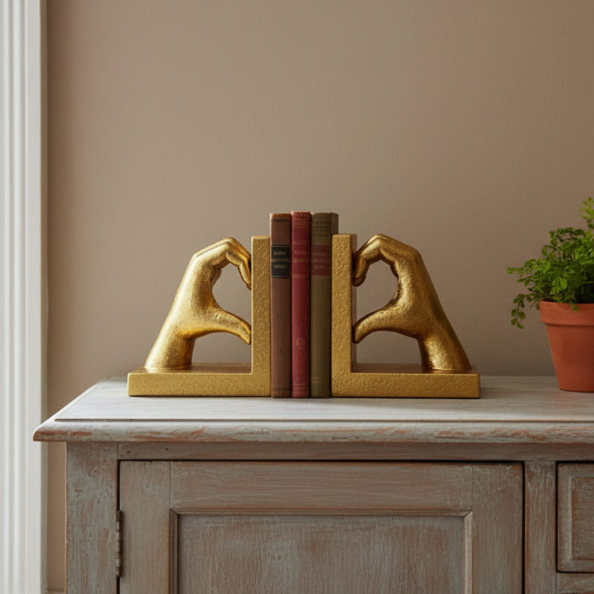 A pair of gold decorative bookends shaped like hands forming heart gestures, holding a set of books on a distressed wood cabinet against a beige wall.