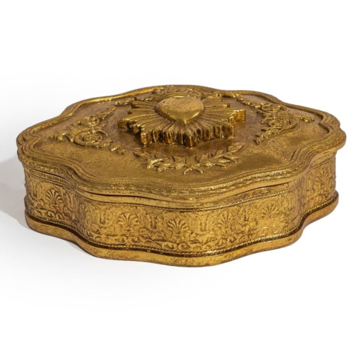An ornate antique-style gold box with a lid, featuring intricate floral engravings and a sunburst design on top, set against a plain white background.