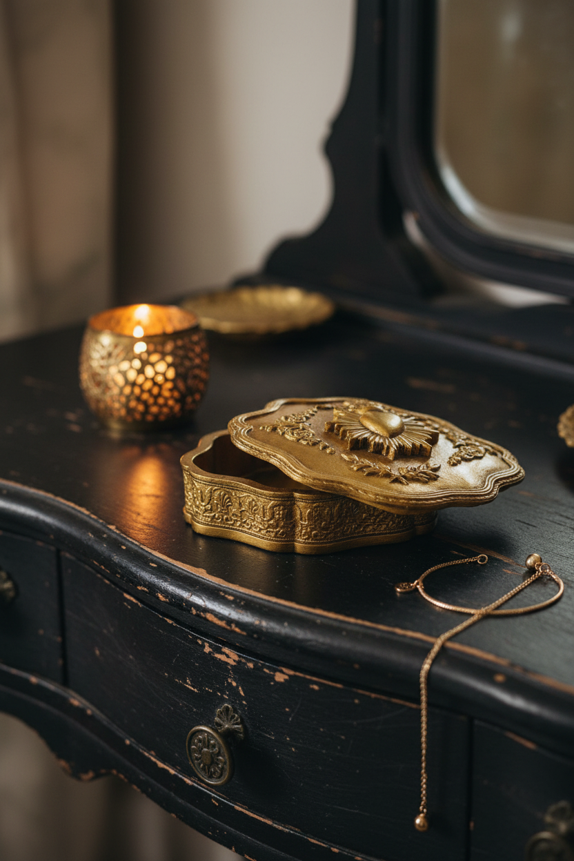 An ornate gold-toned jewelry box with a carved lid sits on a distressed black wooden vanity table next to a lit candle holder and a gold chain necklace.