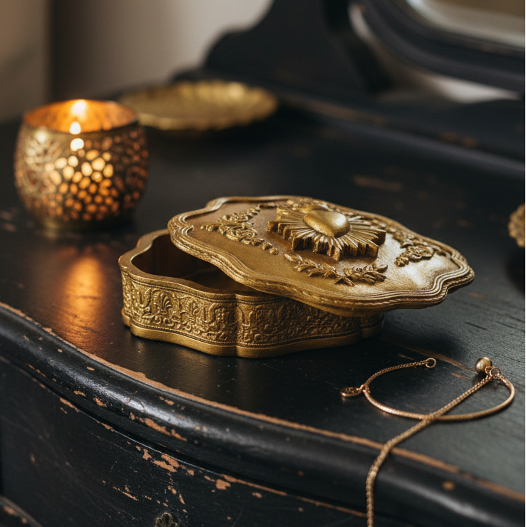 An ornate brass jewelry box with a floral lid sits on a distressed black wooden surface next to a lit candle holder and a delicate gold chain.