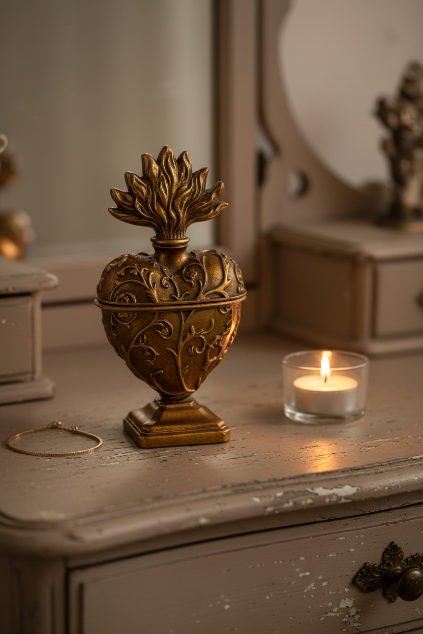 An ornate antique-style brass heart-shaped urn with a flame-like lid, displayed on a distressed gray wooden dresser next to a lit candle in a glass holder.