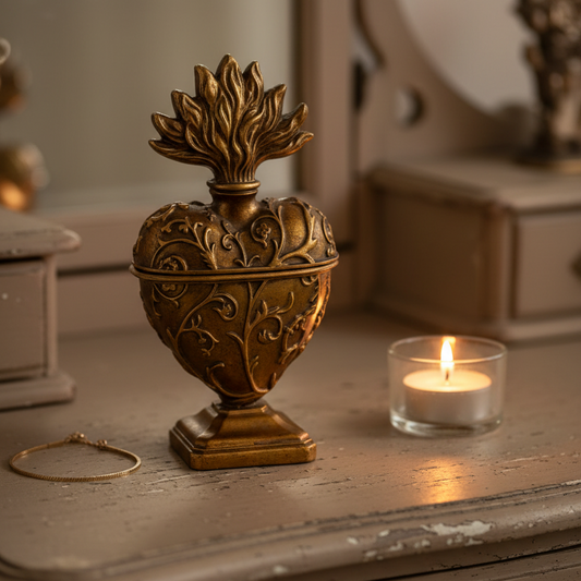 An ornate antique-style bronze heart-shaped urn with a floral lid, displayed on a rustic wooden surface next to a lit candle and a gold bracelet.