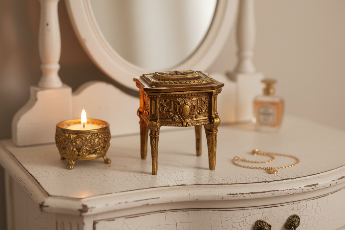 An ornate gold-toned jewelry box with carved detailing stands on a distressed white vanity table next to a lit candle, a small perfume bottle, and a gold chain bracelet.
