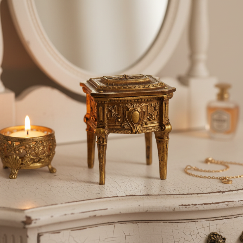 An ornate antique-style gold-toned jewelry box with carved floral details and four legs, displayed on a distressed white dresser next to a lit candle and a perfume bottle.