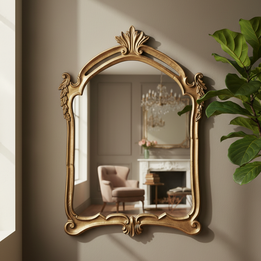 An ornate gold-framed wall mirror with classical baroque-style scrollwork and a leaf crest at the top, mounted on a beige wall. The mirror reflects a softly lit interior with a chair and fireplace, and a green plant is visible on the right side.