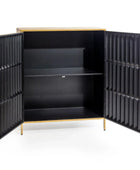 Black cabinet with open doors on a white background