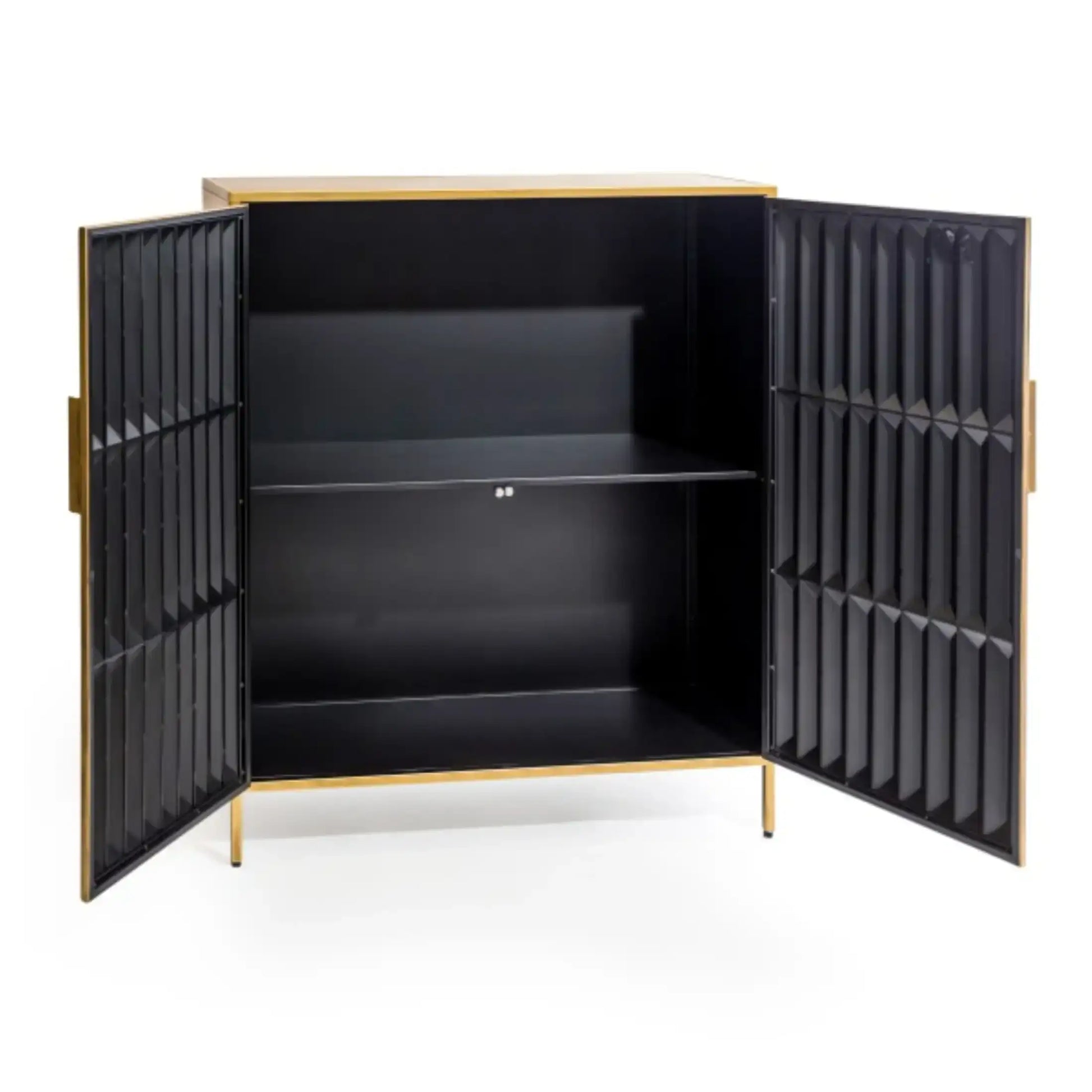 Black cabinet with open doors on a white background