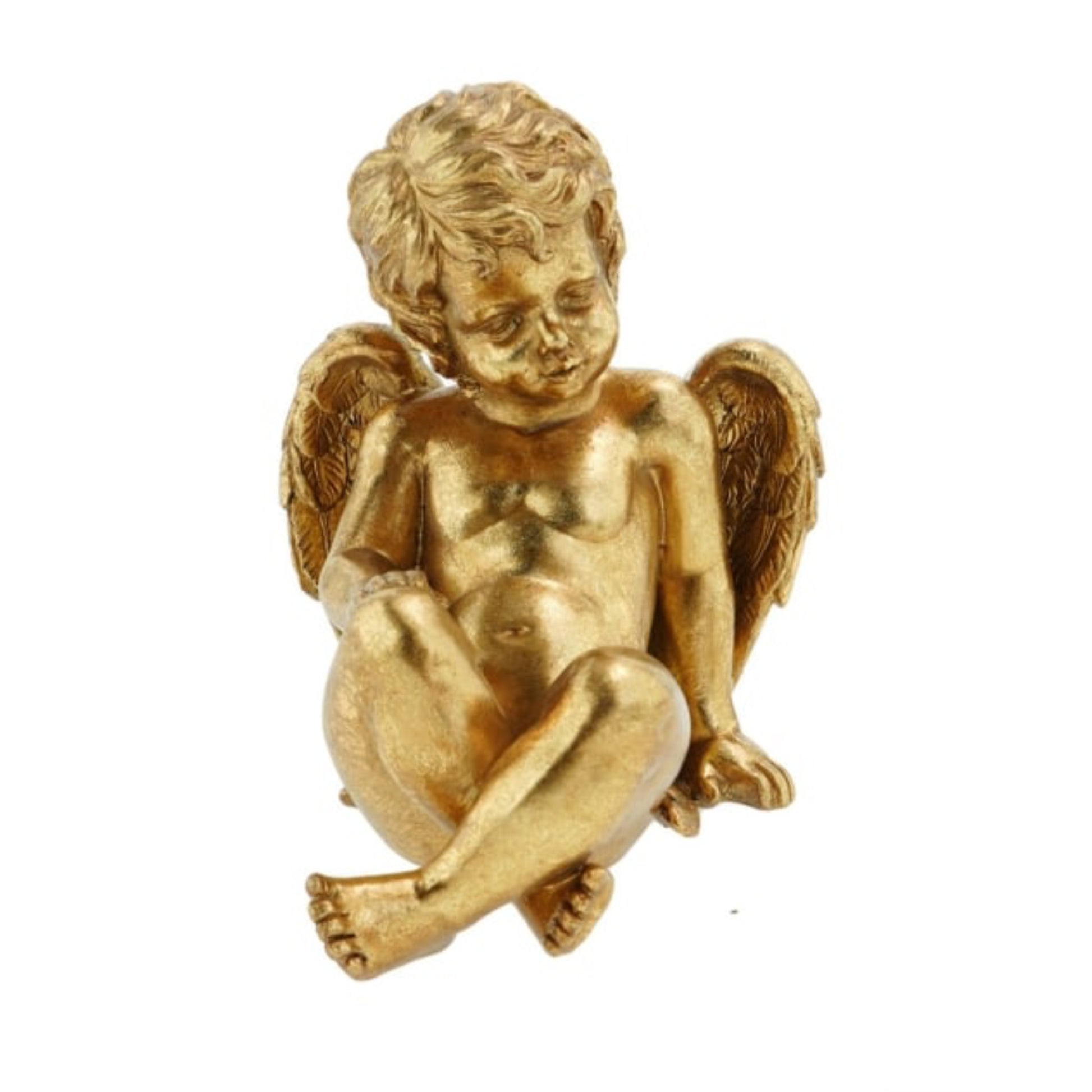 Gold statue of a cherub on a white background