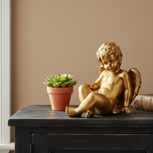 Gold cherub figurine and potted succulent on a dark surface with a beige wall background