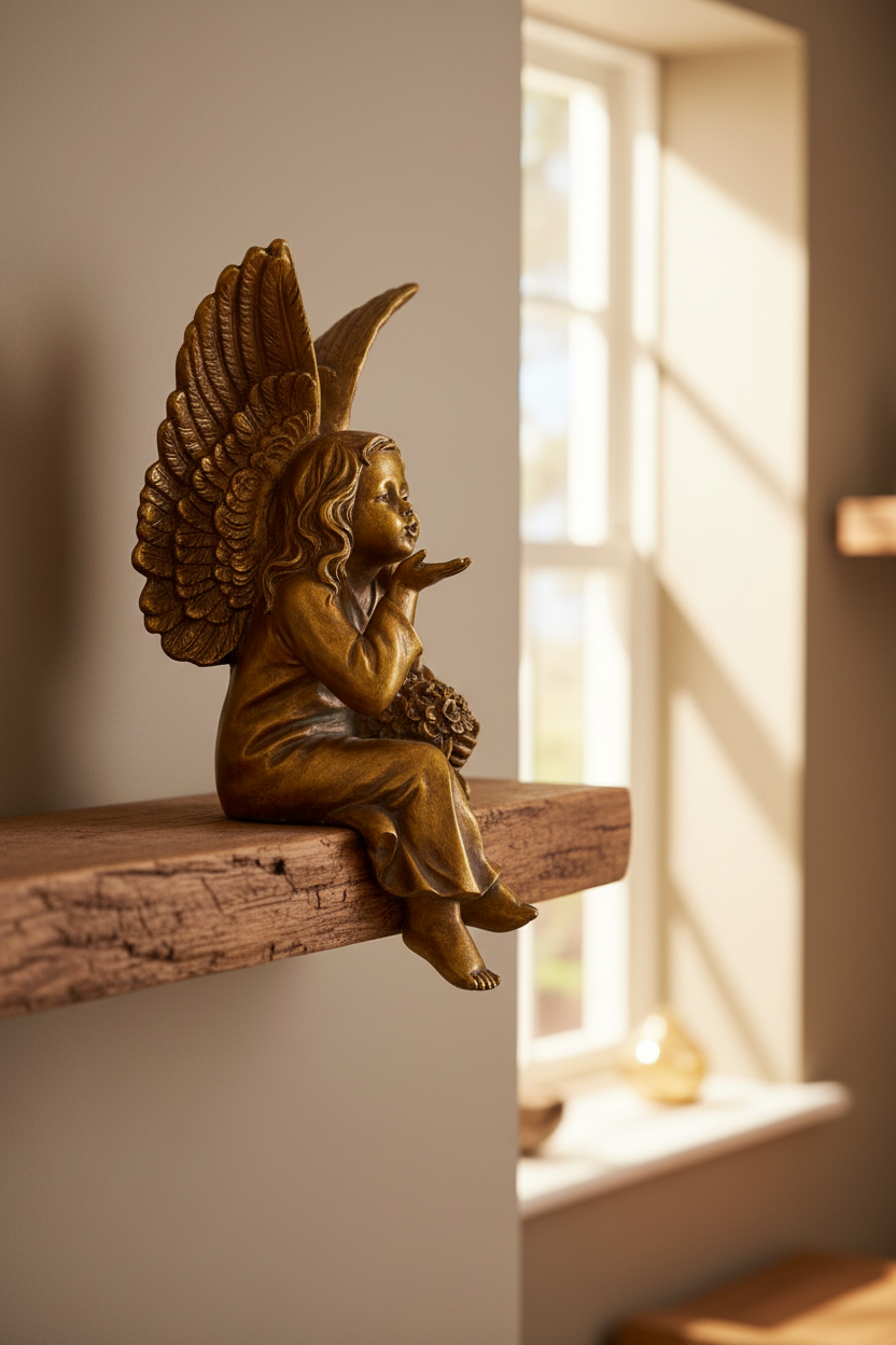 Bronze angel figurine on a wooden shelf with sunlight streaming through a window.