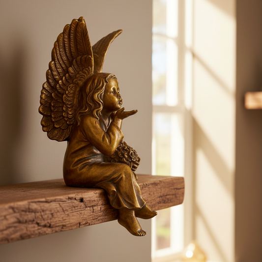 Bronze angel statue sitting on a wooden shelf with sunlight streaming through a window.